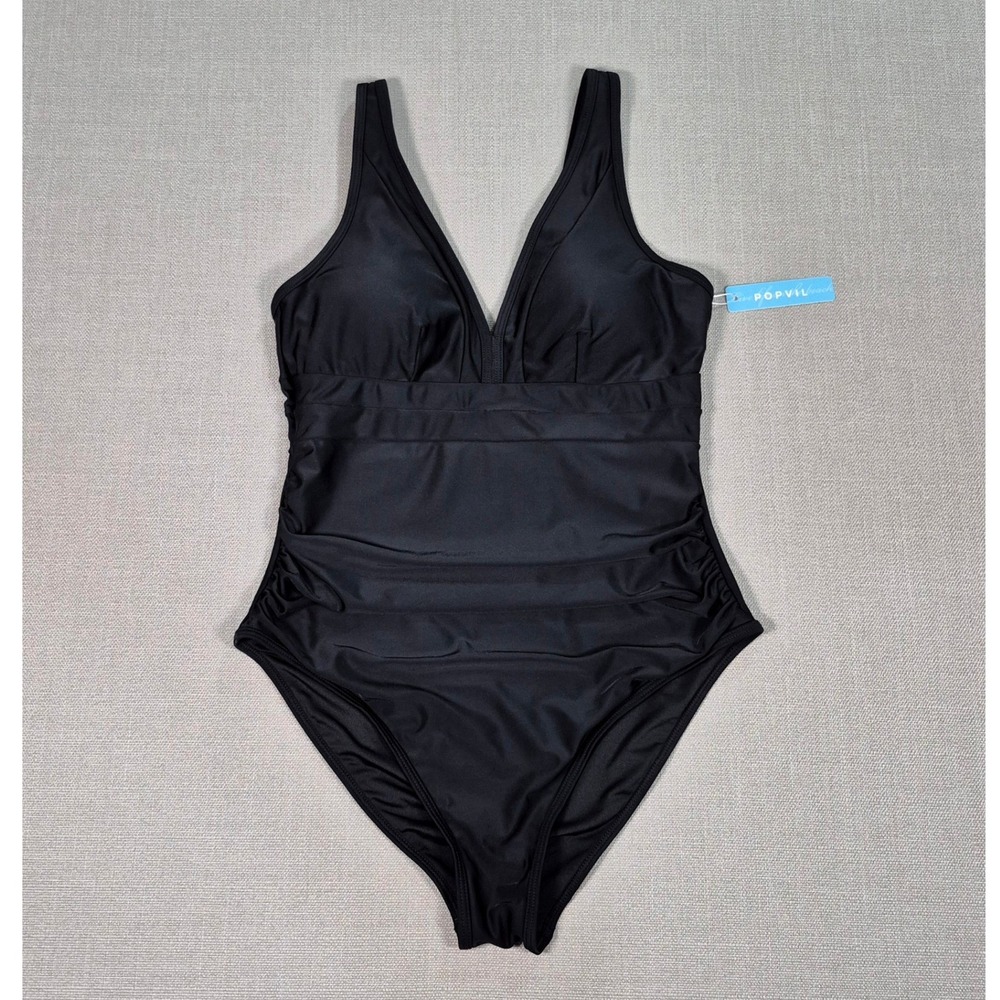 Popvil Womens large Black V Neck Ruched Tummy Control One Piece Swimsuit NWT‎